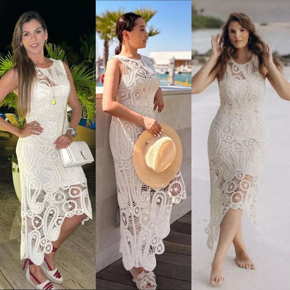 ZARA CROCHET ASYMMETRIC MIDI DRESS CREAM S